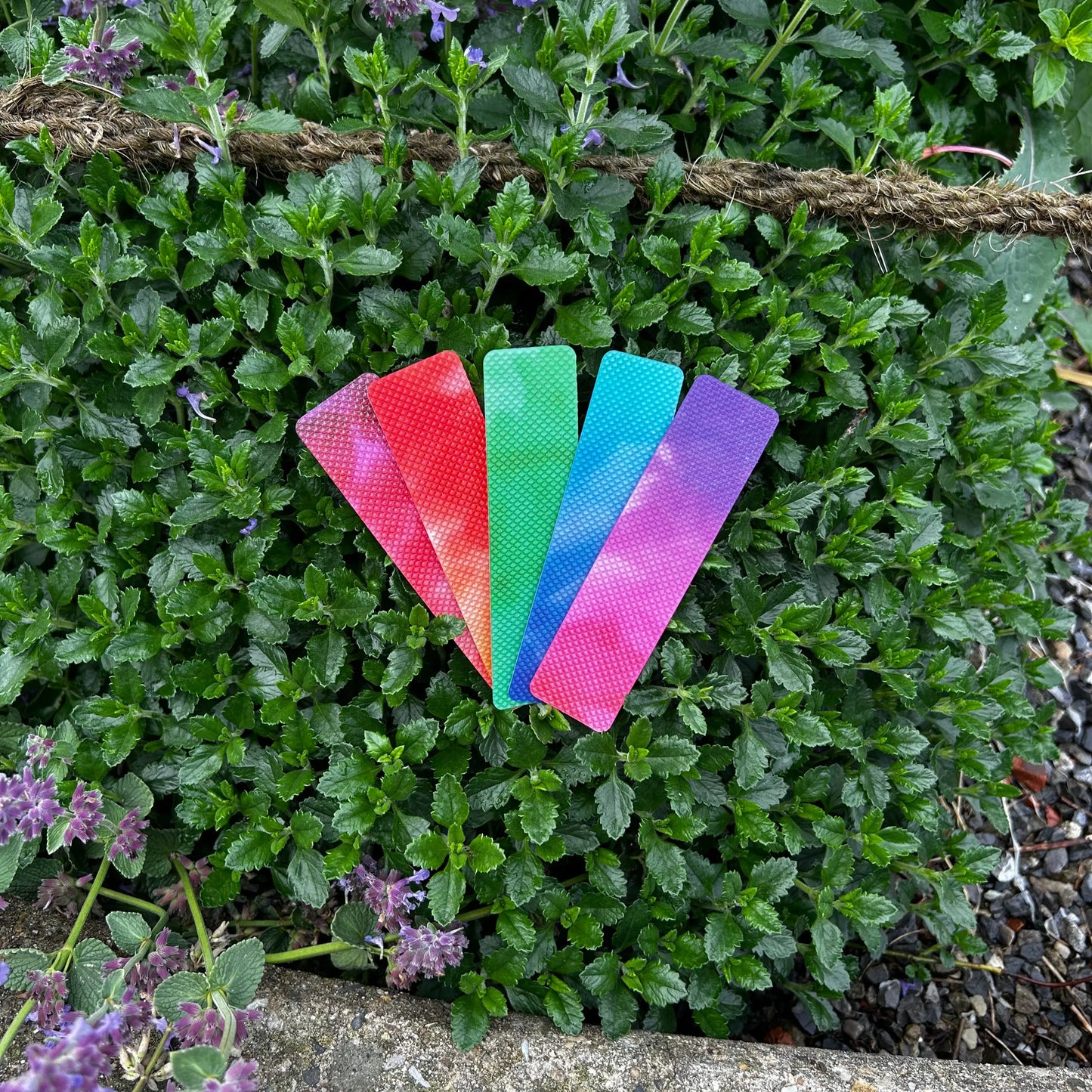 Sensorische Calm Strips aufgefächert auf grünem Busch liegend