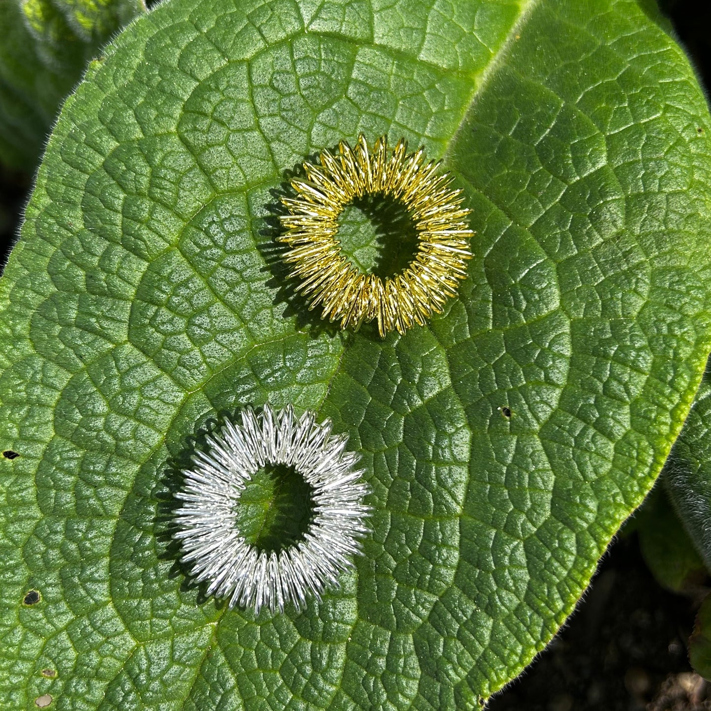 Relax Ring in Gold und Silber auf grossem grünen Blatt