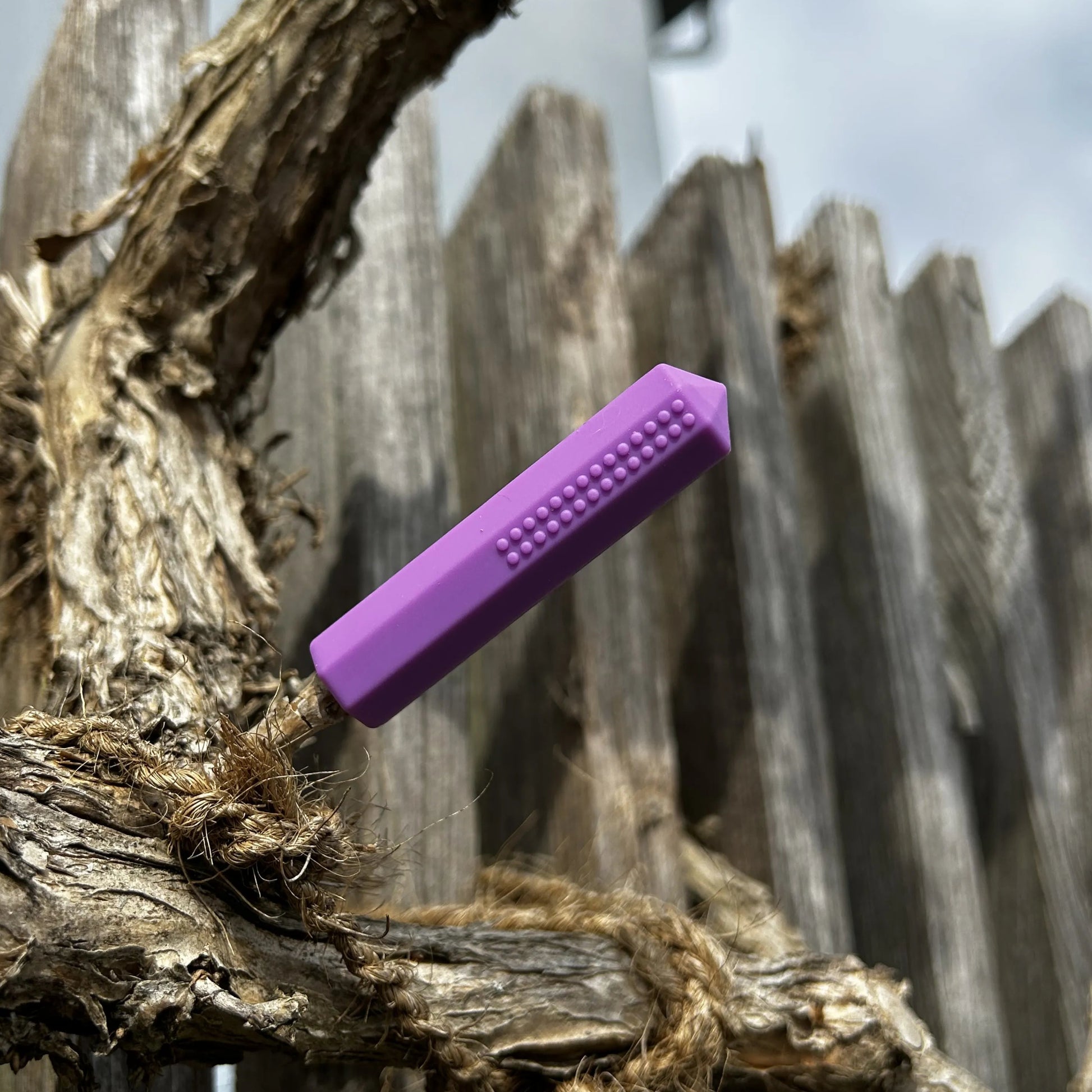 Violetter Kauaufsatz für einen Stift auf einem Holzigen Hintergrund.