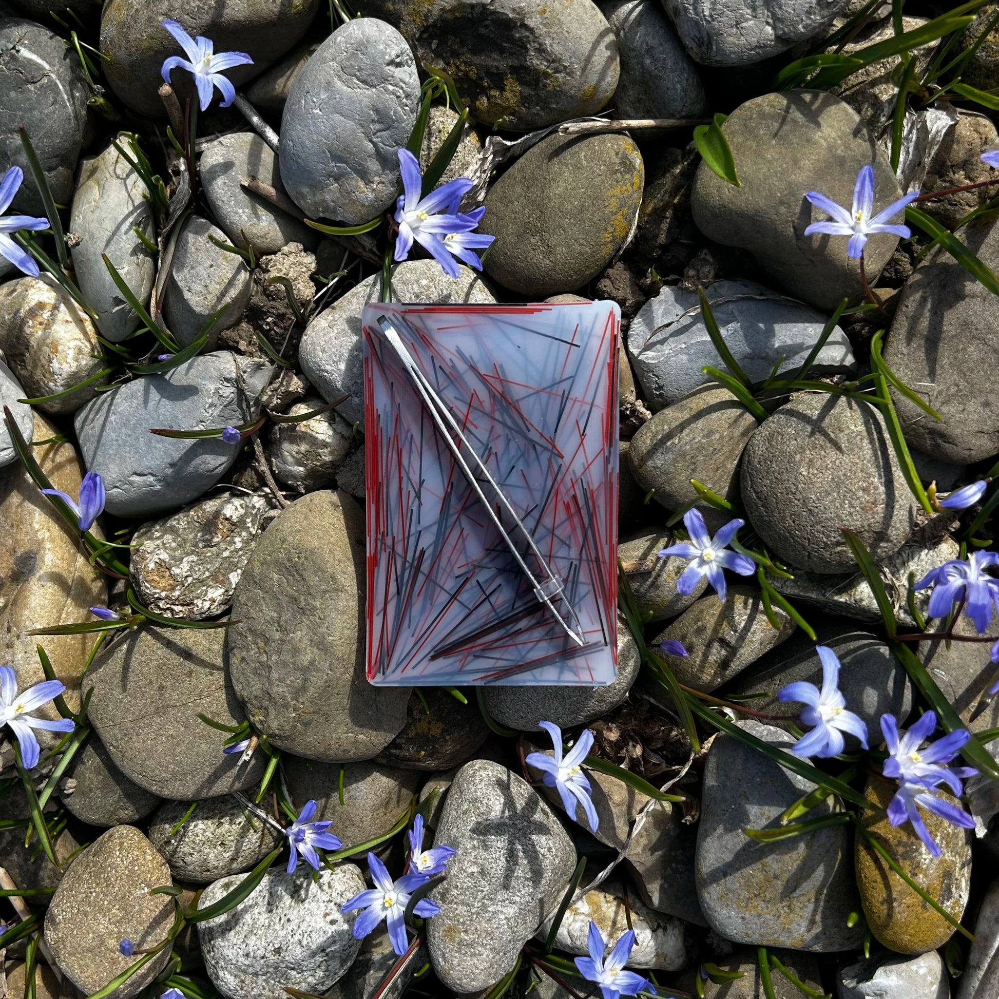 Zupfplättli auf Steinen mit blau weissen Blumen, welche zwischen den kleinen Steinen blühen.